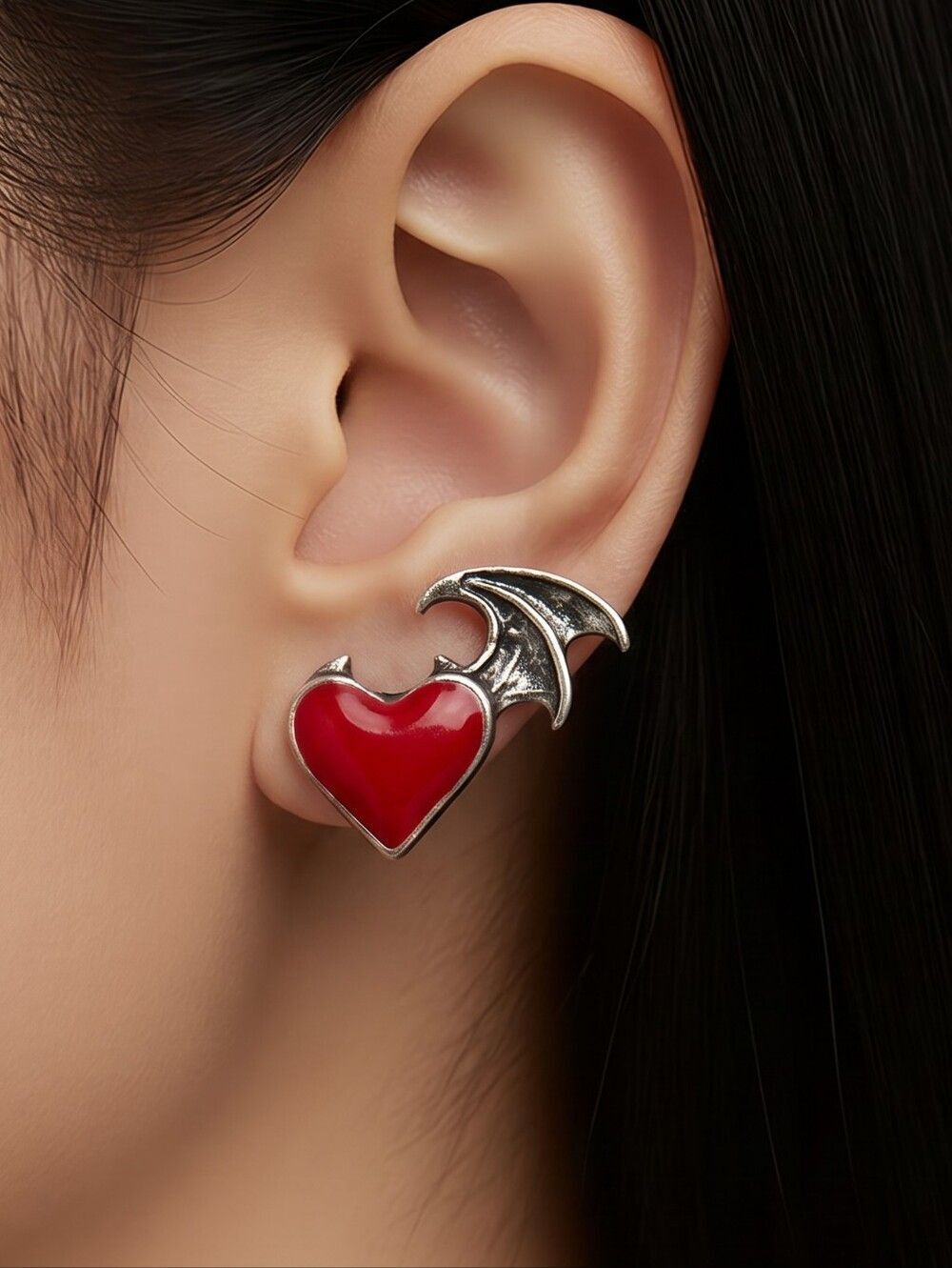 Gothic Winged RedâHeart Earrings Angel Bat Wing Pierced Edgy Punk Jewelry